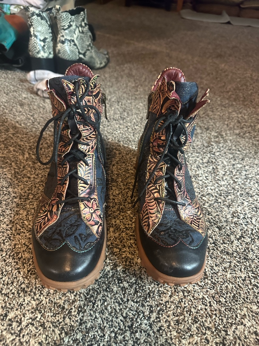 Womens Black Floral Lace-Up Ankle Boots